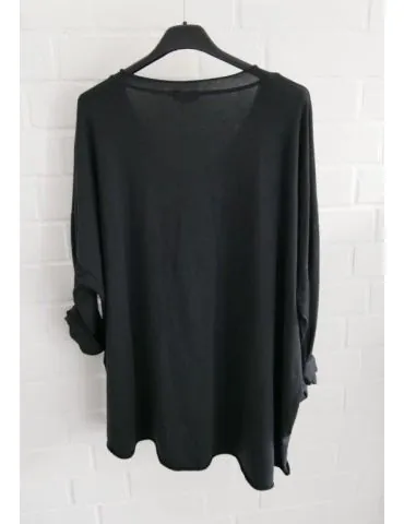 Damen Basic Shirt V-Ausschnitt langarm schwarz black uni mit Baumwolle Onesize 38 - 44 24149