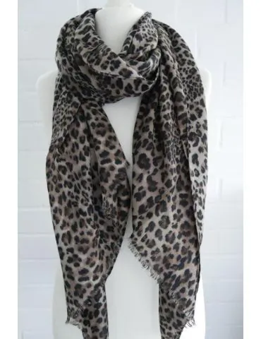 Leichter XXL Damen Schal Tuch schlamm schwarz braun Leo Viskose Fransen WJ9517