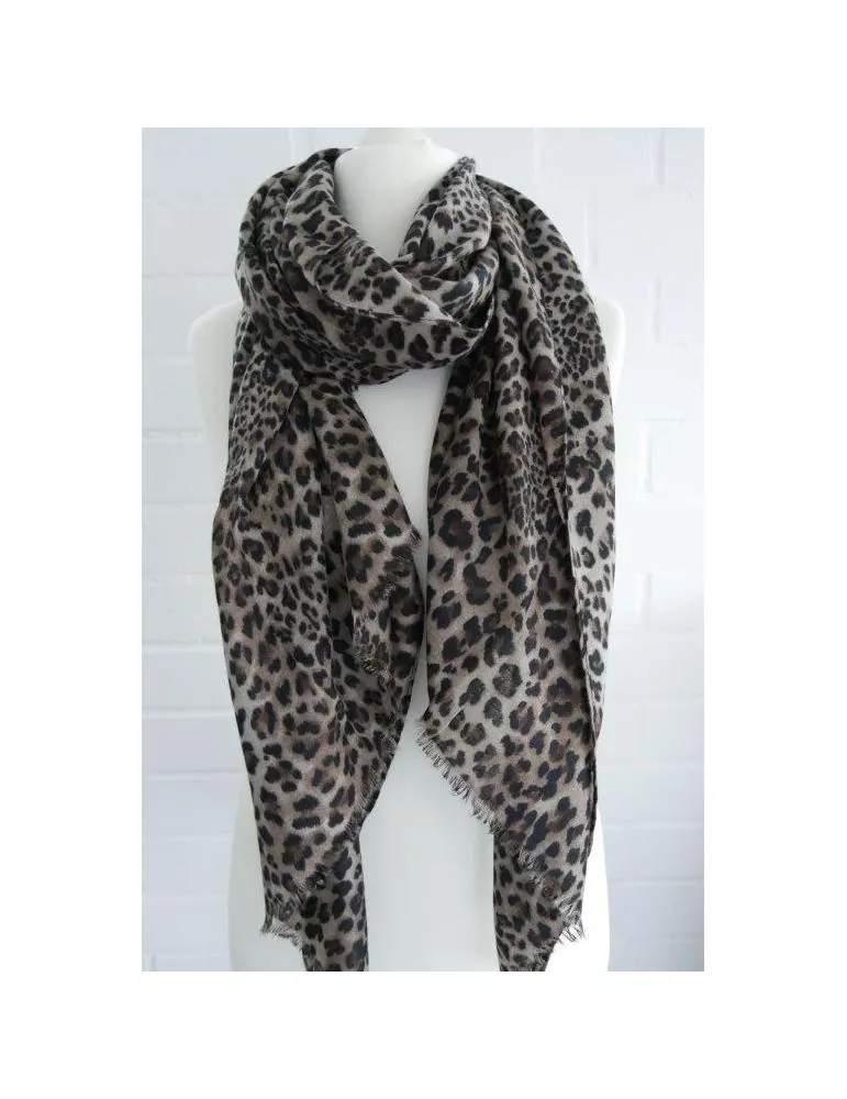 Leichter XXL Damen Schal Tuch schlamm schwarz braun Leo Viskose Fransen WJ9517