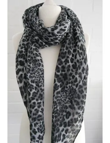 Leichter XXL Damen Schal Tuch hellgrau schwarz grau Leo Viskose Fransen WJ9517