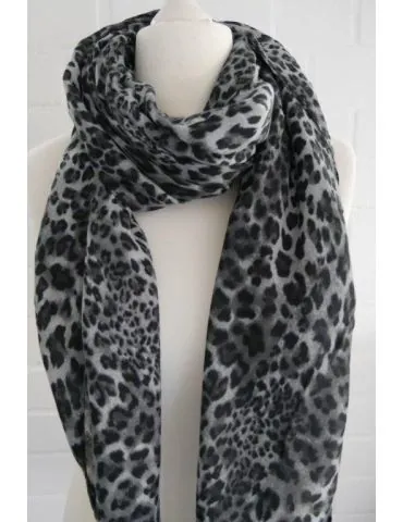 Leichter XXL Damen Schal Tuch hellgrau schwarz grau Leo Viskose Fransen WJ9517