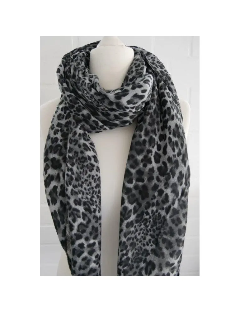 Leichter XXL Damen Schal Tuch hellgrau schwarz grau Leo Viskose Fransen WJ9517