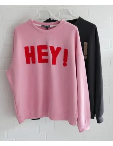 Damen Oversize Sweat Shirt langarm rose rot "HEY!" uni mit Baumwolle Onesize 38 - 46 J2079