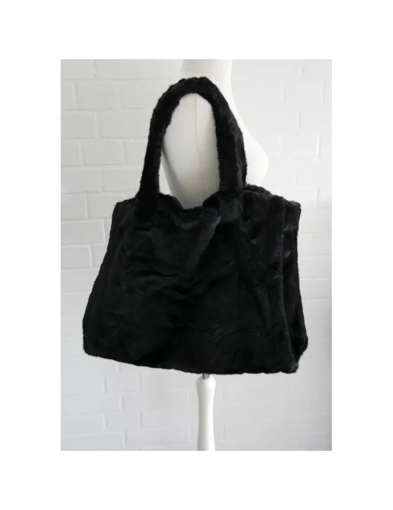 Trendige Damen Kunstfell Plüsch Tasche Schultertasche schwarz uni