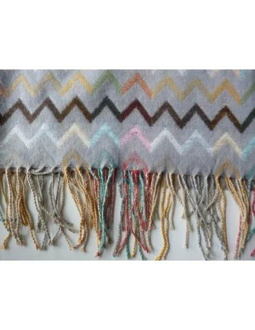 Schal Stola Poncho hell taupe braun gelb grün rose bunt Zick Zack