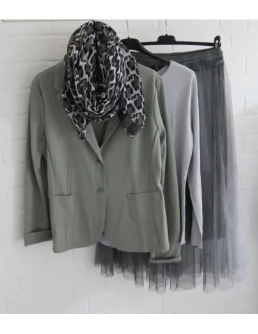 Damen Shirt langarm weiter uni hellgrau mit...