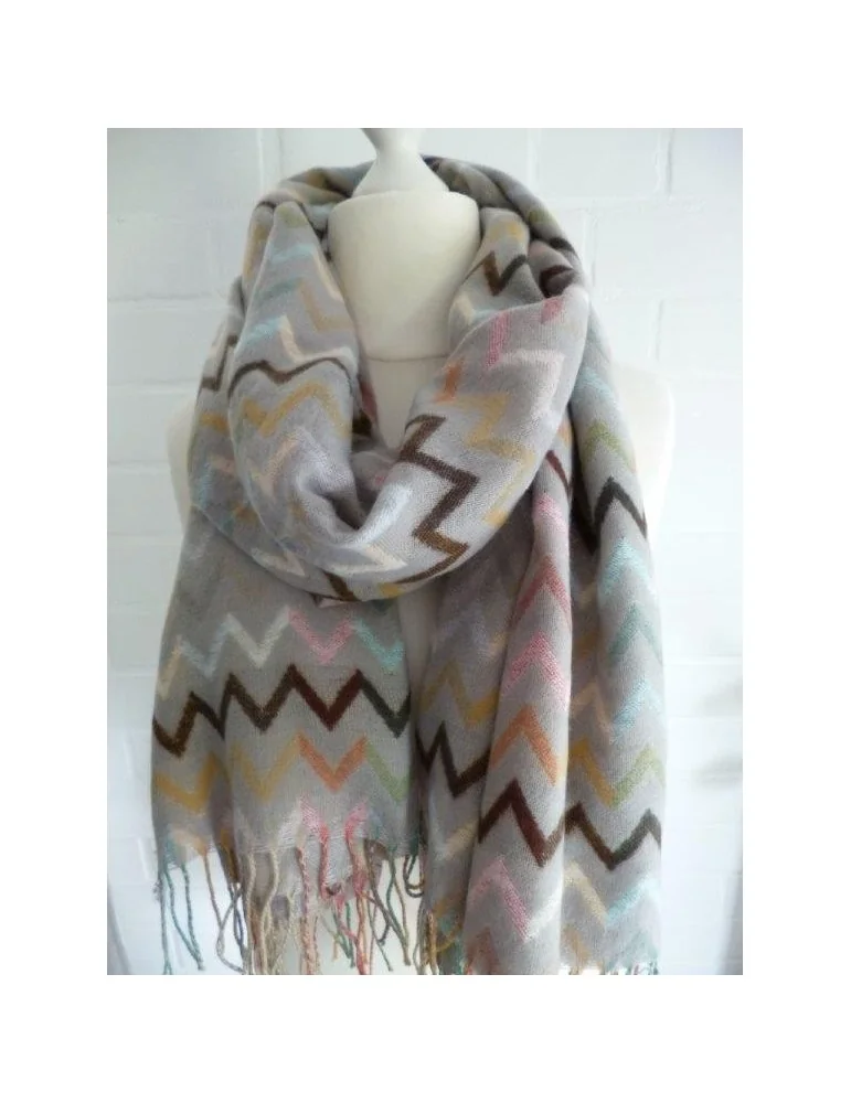 Schal Stola Poncho hell taupe braun gelb grün rose bunt Zick Zack