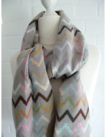Schal Stola Poncho hell taupe braun gelb grün rose bunt Zick Zack