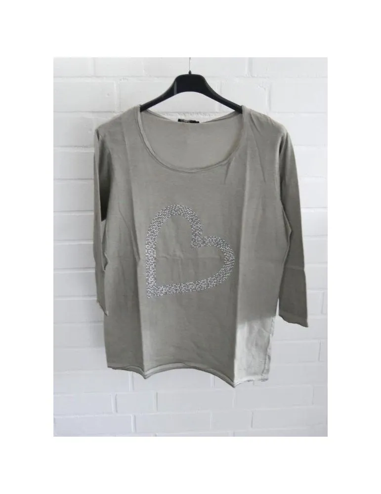 Zwillingsherz Damen Shirt Rundhals 3/4 Ärmel schlamm verwaschen Strass Herz Gr. 2 10205