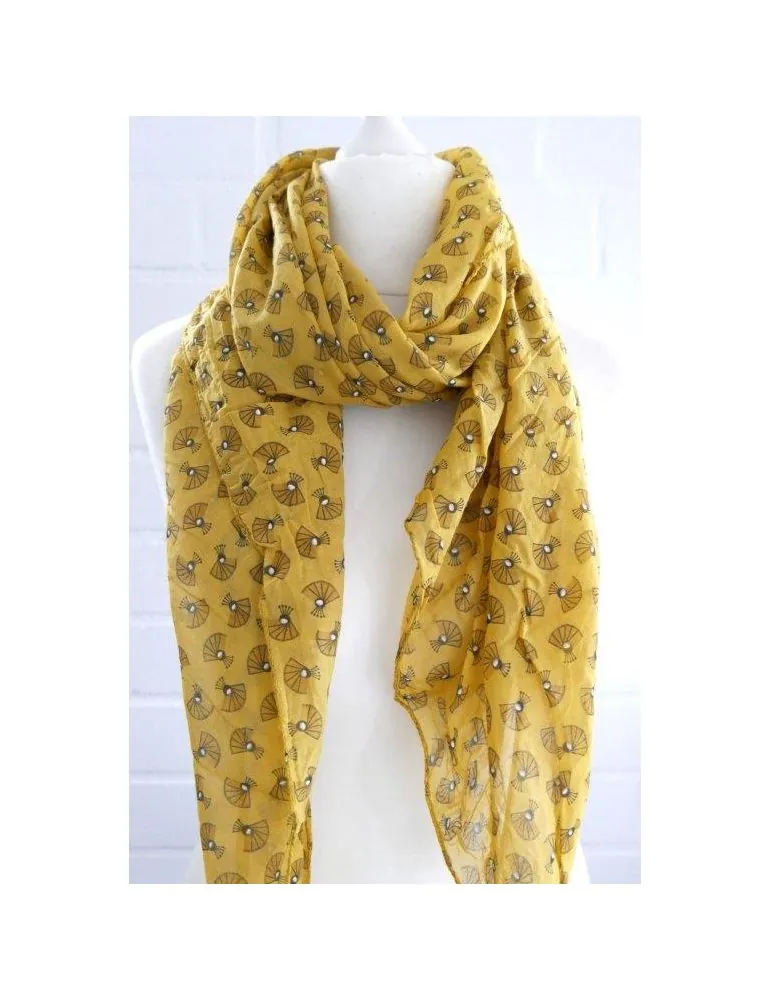 Schal Tuch Loop Made in Italy Seide Baumwolle senf schwarz weiß Pfau S 480