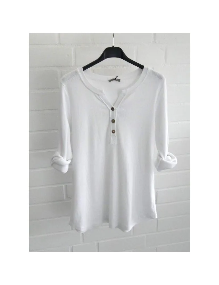 Damen Henley Shirt langarm weiß white uni Rippe mit Baumwolle Onesize 38 40 2553