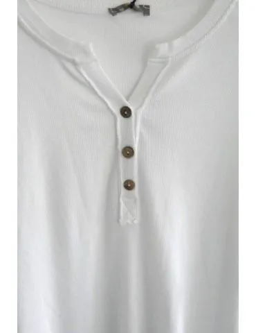 Damen Henley Shirt langarm weiß white uni Rippe mit Baumwolle Onesize 38 40 2553
