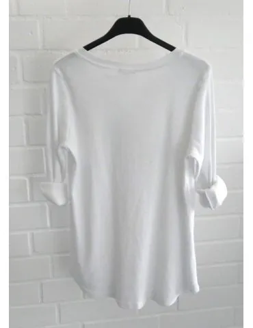 Damen Henley Shirt langarm weiß white uni Rippe mit Baumwolle Onesize 38 40 2553