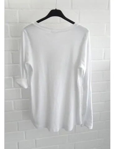 Damen Henley Shirt langarm weiß white uni Rippe mit Baumwolle Onesize 38 40 2553