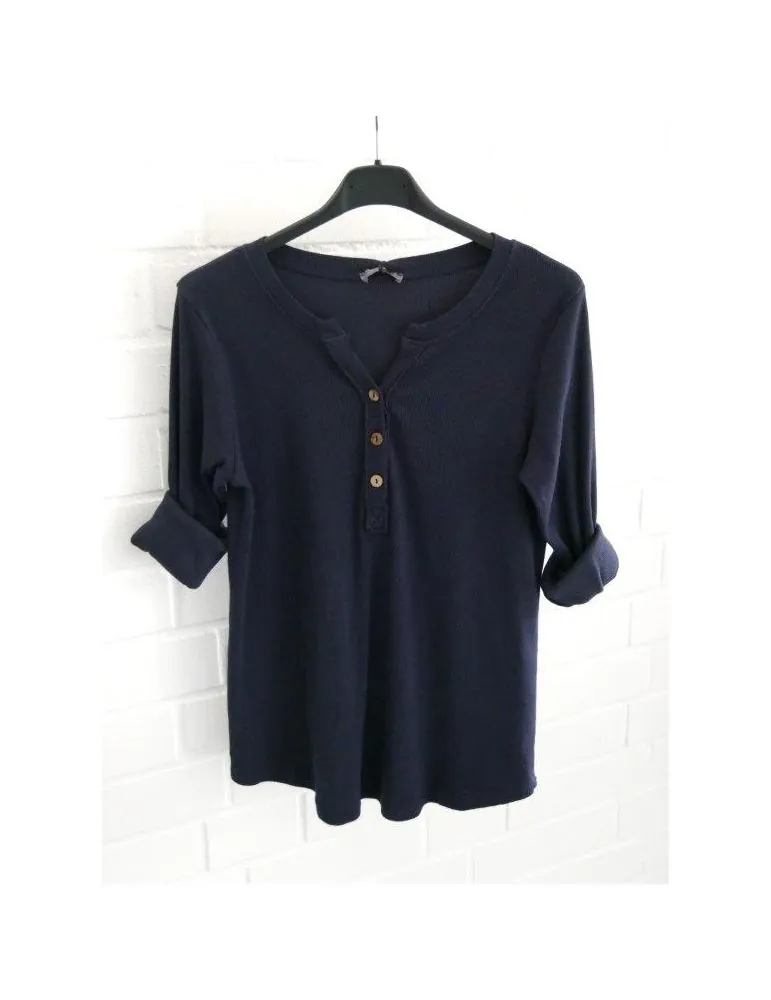 Damen Henley Shirt langarm dunkelblau uni Rippe mit Baumwolle Onesize 38 40 2553