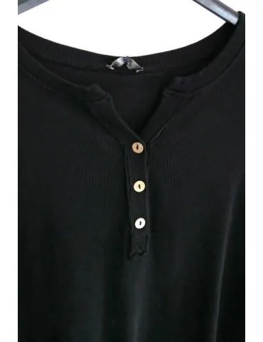 Damen Henley Shirt langarm schwarz black uni Rippe mit Baumwolle Onesize 38 40 2553
