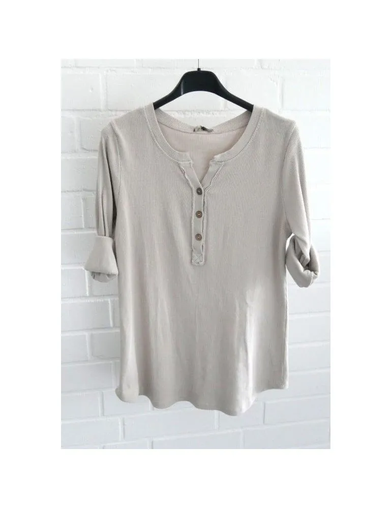 Damen Henley Shirt langarm beige uni Rippe mit Baumwolle Onesize 38 40 2553