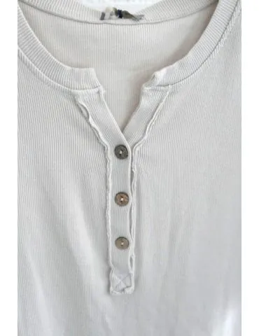 Damen Henley Shirt langarm beige uni Rippe mit Baumwolle Onesize 38 40 2553