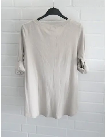 Damen Henley Shirt langarm beige uni Rippe mit Baumwolle Onesize 38 40 2553