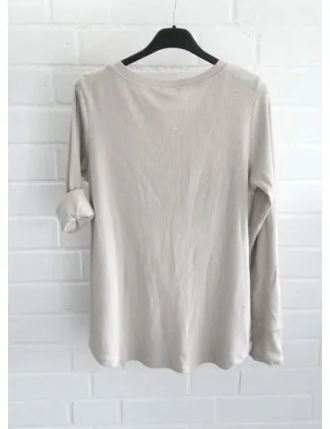Damen Henley Shirt langarm beige uni Rippe mit Baumwolle Onesize 38 40 2553