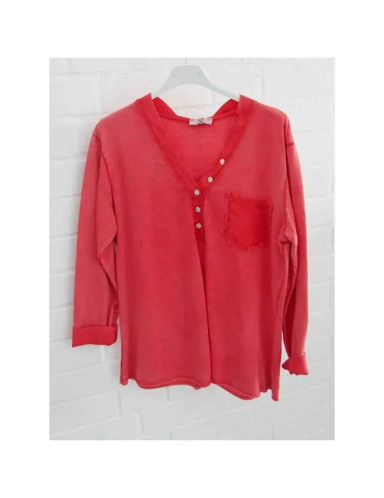Leichtes Damen Sweatshirt T-Shirt langarm Satin rot red uni Baumwolle Onesize 38 40 2504