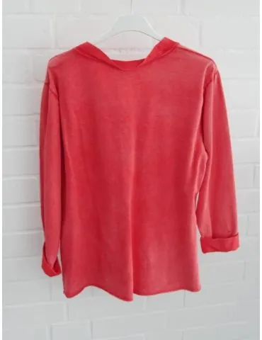 Leichtes Damen Sweatshirt T-Shirt langarm Satin rot red uni Baumwolle Onesize 36 - 40 2504