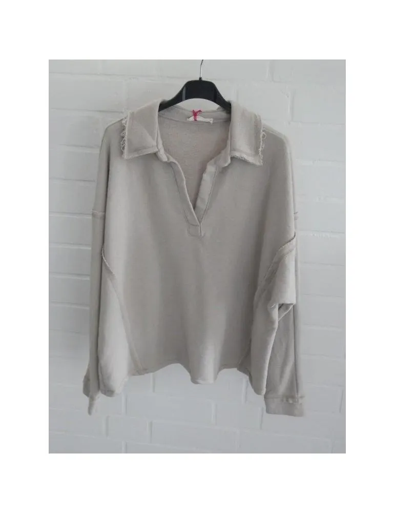 Damen langarm Sweat Shirt Polokragen beige uni Baumwolle Onesize 38 - 44 83761