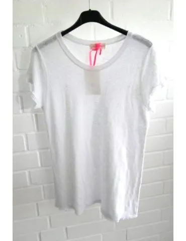 Damen Shirt 100% Leinen kurzarm weiß white Kanten gefranst Onesize 38 40