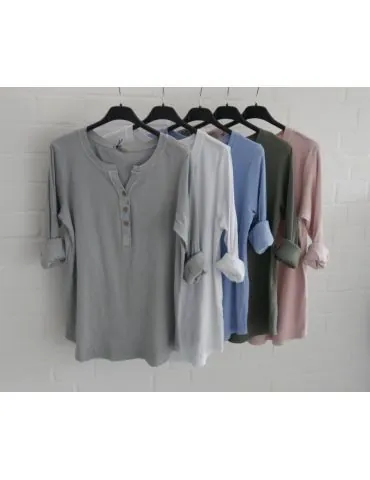 Damen Henley Shirt langarm jeansblau uni Rippe mit Baumwolle Onesize 38 40 2553