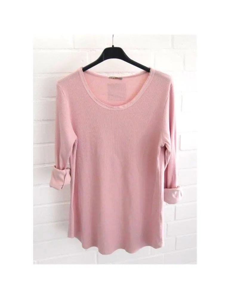 Damen Basic Shirt langarm rose rosa uni Rippe mit Baumwolle Onesize 38 - 42 2254