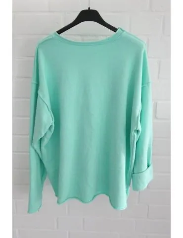 Damen langarm Sweat Shirt Rundhals Dreieck mint uni mit Baumwolle Onesize 38 - 42 8950