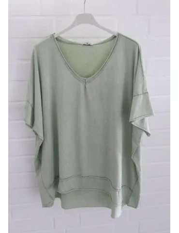 Damen Shirt V-Ausschnitt kurzarm helloliv grün verwaschen uni Baumwolle Onesize 38 - 44 2436