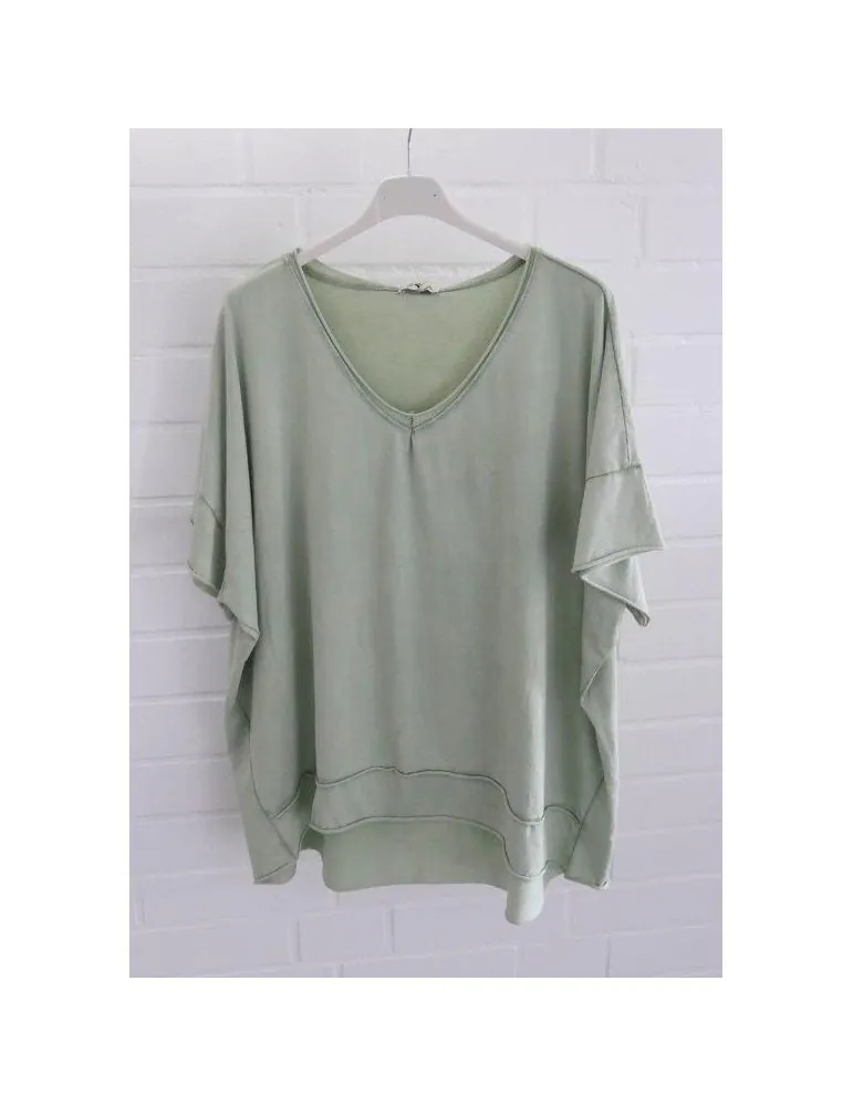 Damen Shirt V-Ausschnitt kurzarm helloliv grün verwaschen uni Baumwolle Onesize 38 - 44 2436