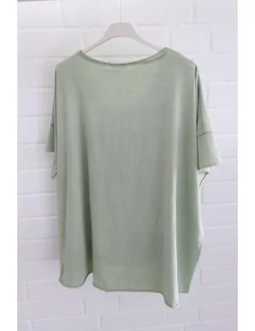 Damen Shirt V-Ausschnitt kurzarm helloliv grün verwaschen uni Baumwolle Onesize 38 - 44 2436