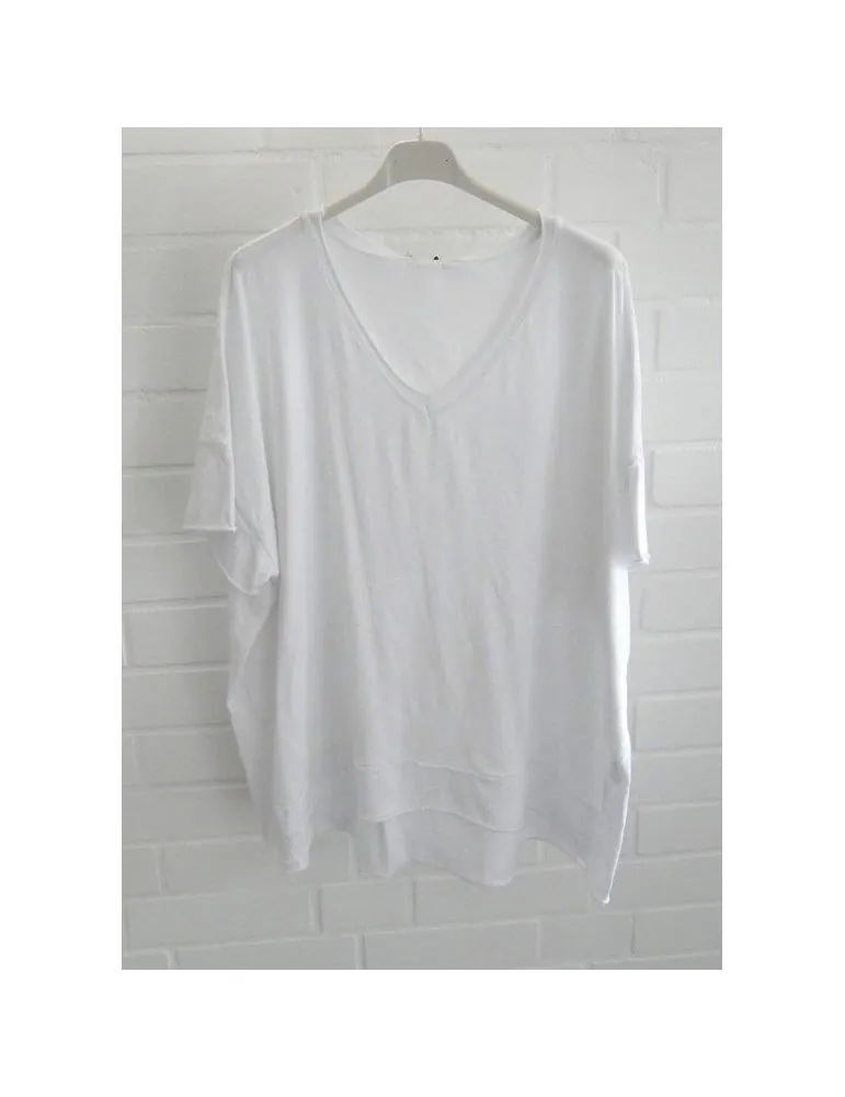 Damen Shirt V-Ausschnitt kurzarm weiß white uni Baumwolle Onesize 38 - 44 2436