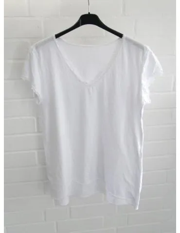 Damen Shirt V-Ausschnitt kurzarm weiß white uni Fransen Baumwolle Onesize 38 - 42 8318