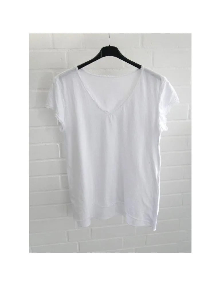 Damen Shirt V-Ausschnitt kurzarm weiß white uni Fransen Baumwolle Onesize 38 - 42 8318