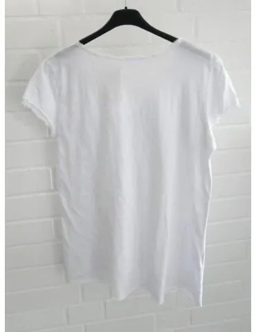 Damen Shirt V-Ausschnitt kurzarm weiß white uni Fransen Baumwolle Onesize 38 - 42 8318