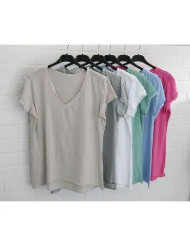 Damen Shirt V-Ausschnitt kurzarm weiß white uni...