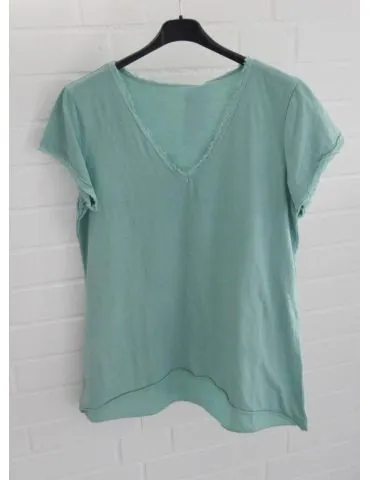 Damen Shirt V-Ausschnitt kurzarm mint grün uni Fransen Baumwolle Onesize 38 - 42 8318