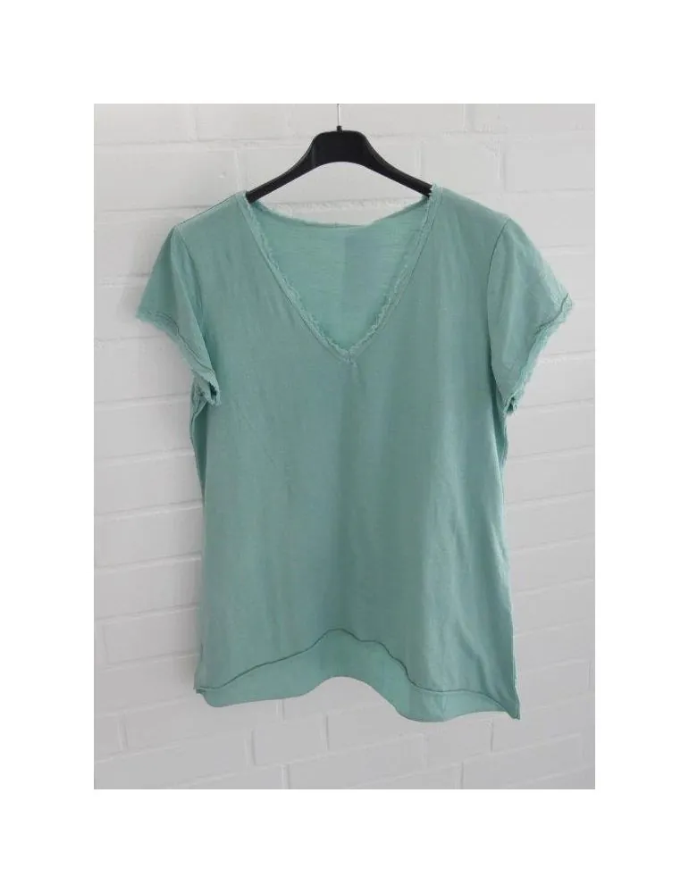 Damen Shirt V-Ausschnitt kurzarm mint grün uni Fransen Baumwolle Onesize 38 - 42 8318