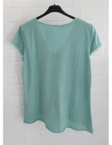 Damen Shirt V-Ausschnitt kurzarm mint grün uni Fransen Baumwolle Onesize 38 - 42 8318