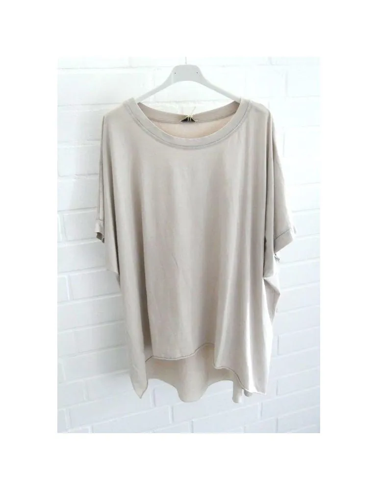 Damen Oversize Shirt Rundhals kurzarm beige uni Ärmelband Baumwolle Onesize 38 - 46 2426