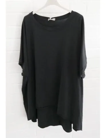 Damen Oversize Shirt Rundhals kurzarm schwarz black uni Ärmelband Baumwolle Onesize 38 - 46 2426