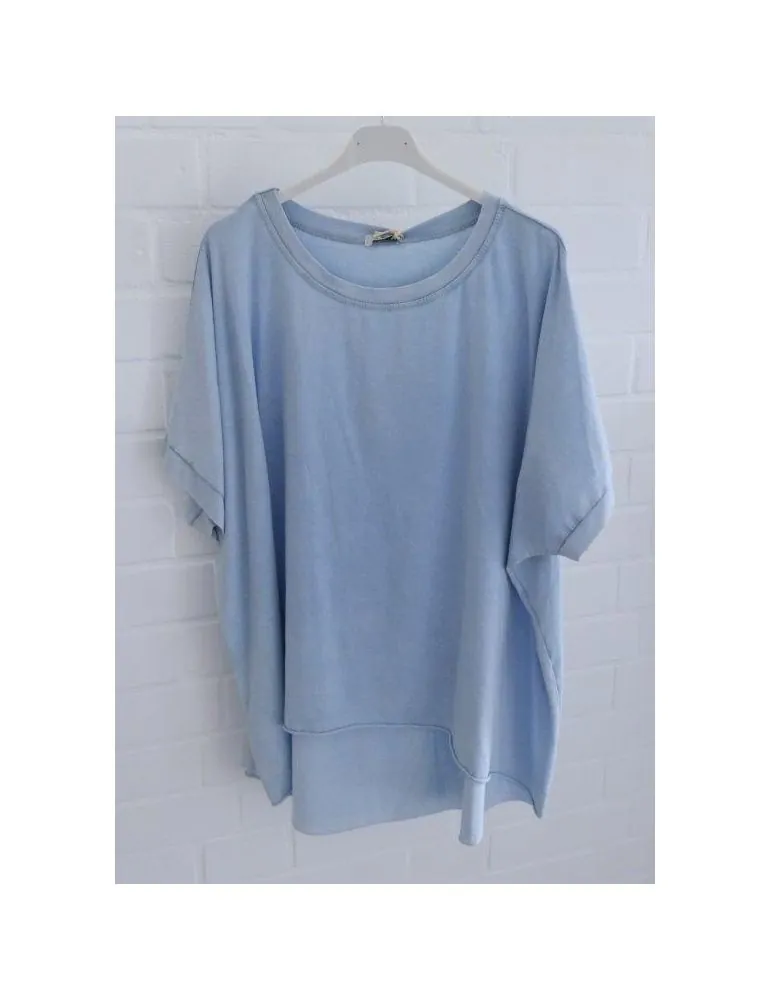 Damen Oversize Shirt Rundhals kurzarm hellblau uni Ärmelband Baumwolle Onesize 38 - 46 2426