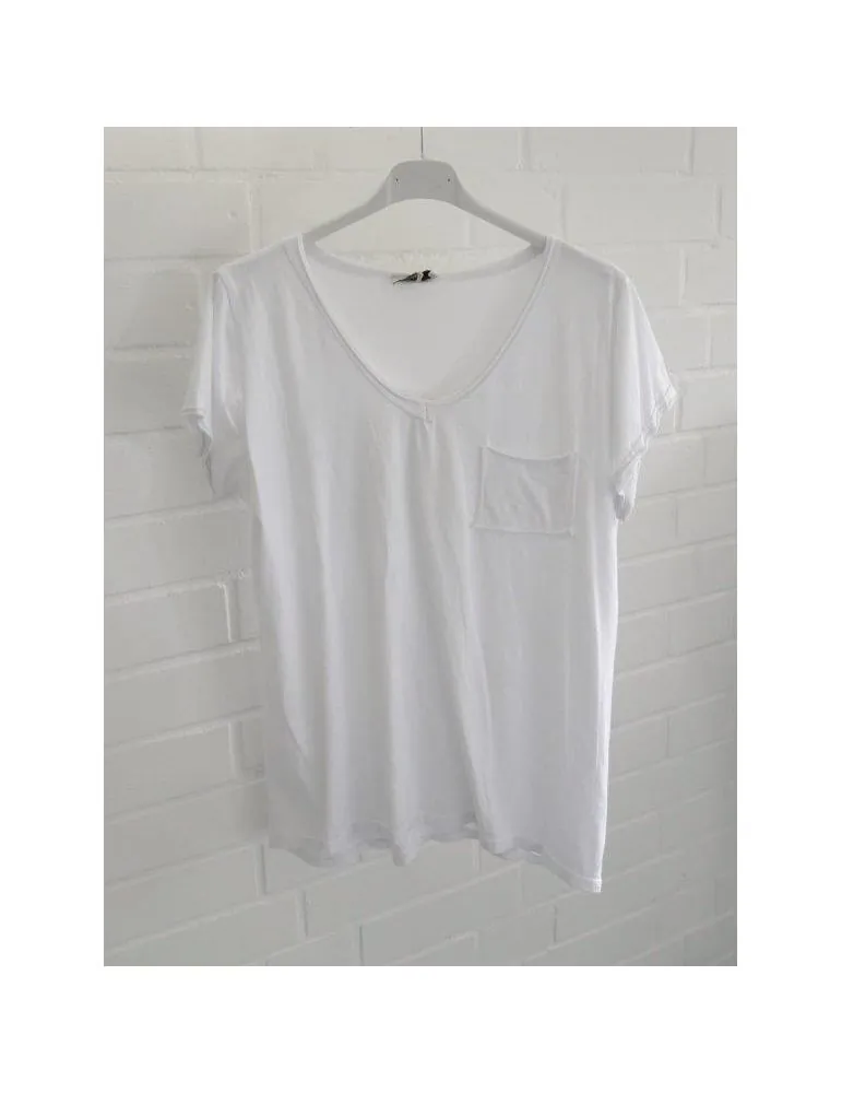 Damen Basic Shirt kurzarm weiß white Brusttasche Baumwolle Onesize 36 - 42 3159