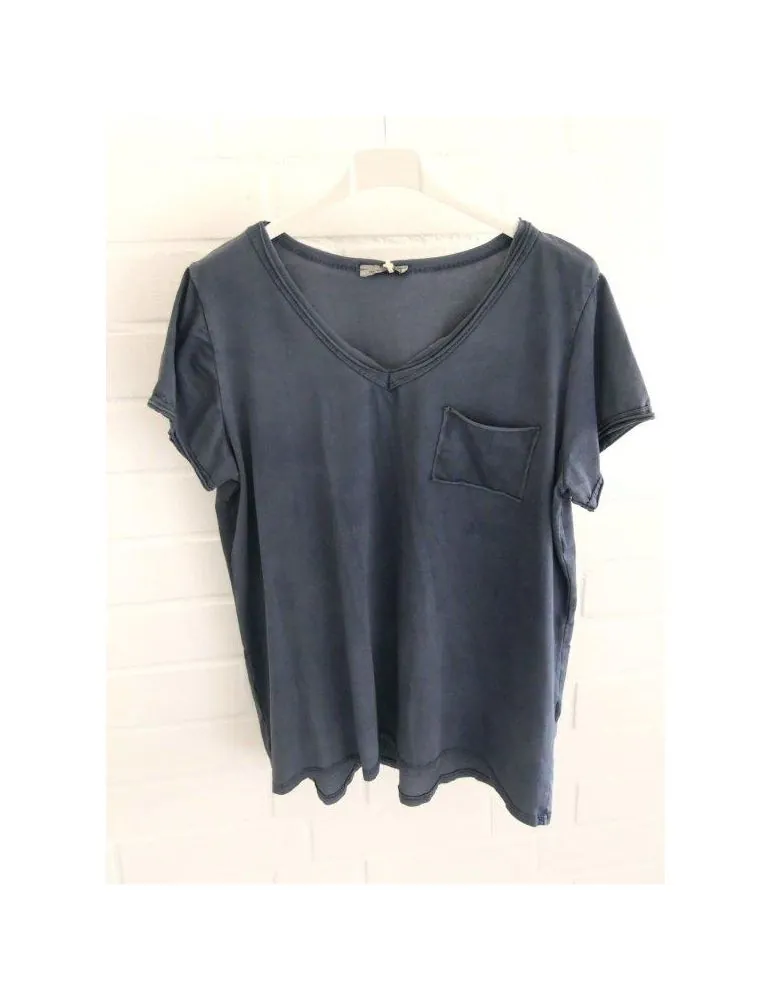 Damen Basic Shirt kurzarm dunkelblau Brusttasche Baumwolle Onesize 36 - 42 3159
