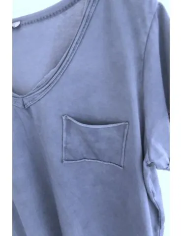 Damen Basic Shirt kurzarm dunkelblau Brusttasche Baumwolle Onesize 36 - 42 3159