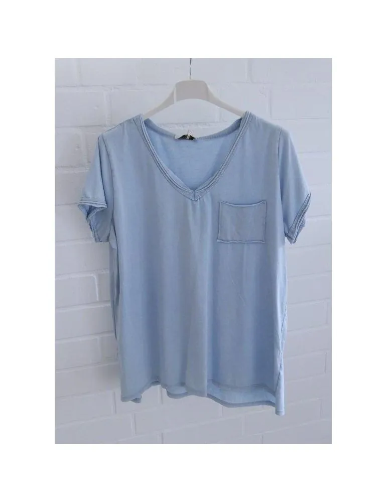 Damen Basic Shirt kurzarm hellblau Brusttasche Baumwolle Onesize 36 - 42 3159