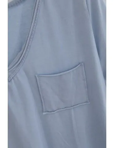 Damen Basic Shirt kurzarm hellblau Brusttasche Baumwolle Onesize 36 - 42 3159